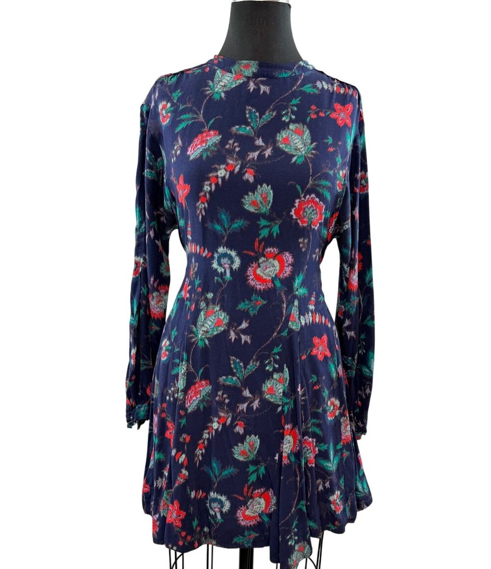 Derek Lam Collective Navy Shirt Dress Floral Mock Neck Tie Waist Casual Size 44